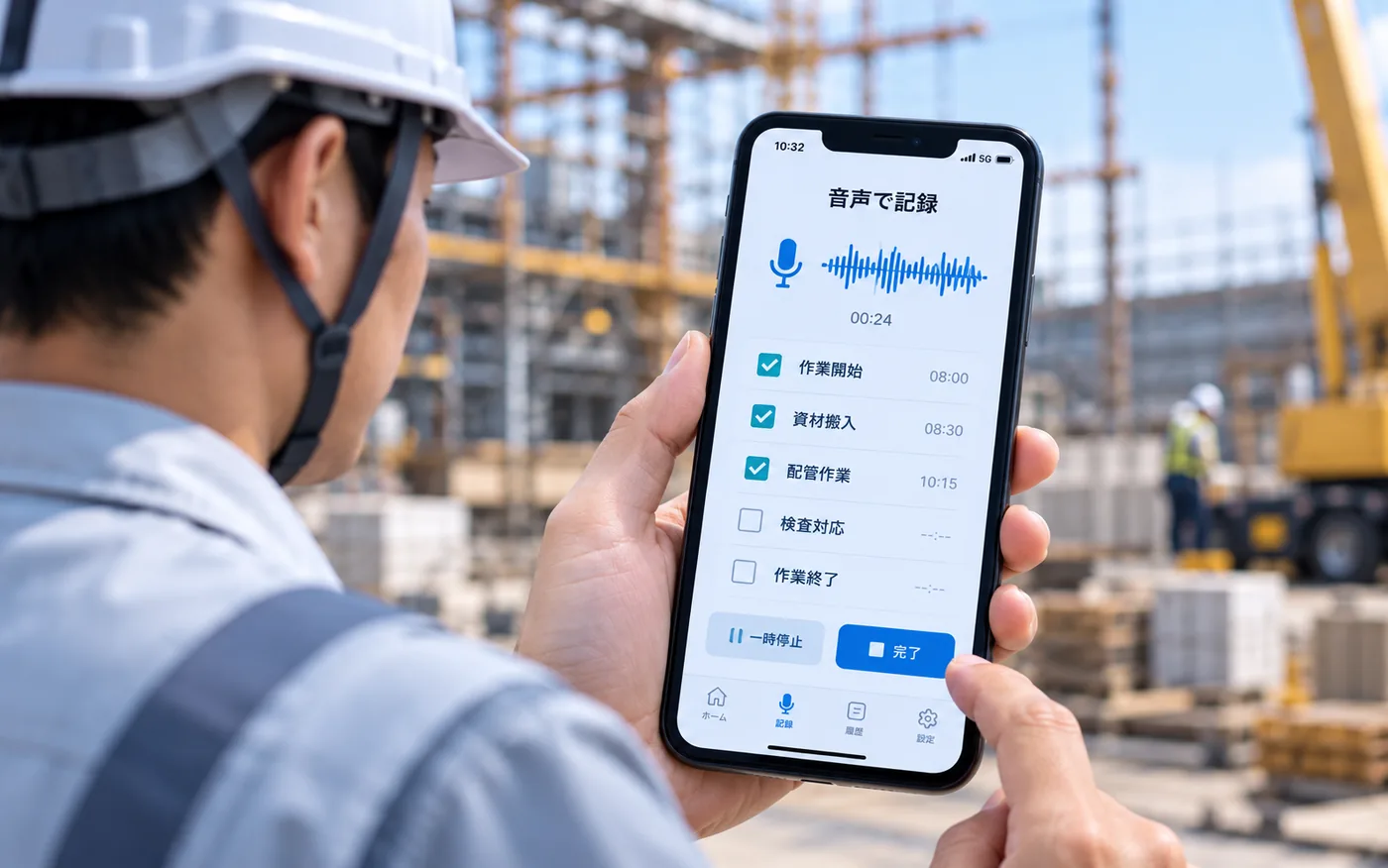 工事現場でスマートフォンに向かって作業内容を音声で記録している様子