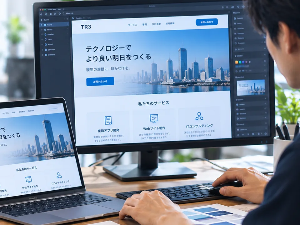 コーポレートサイトのデザインを大型モニターで確認している様子